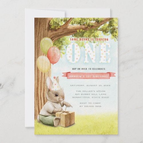 Cute Bunny First Birthday Invitation
