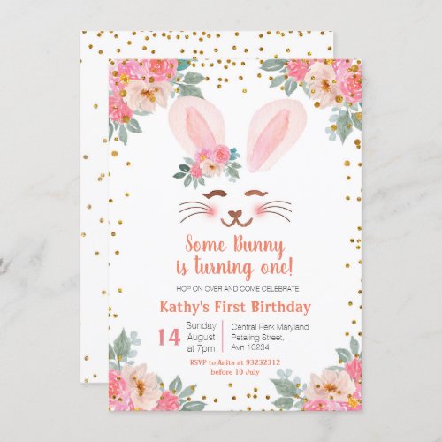 Cute Bunny first birthday invitation girls floral