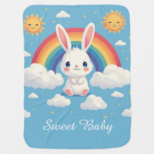 Cute Bunny Floating on Clouds Under a Rainbow Baby Blanket