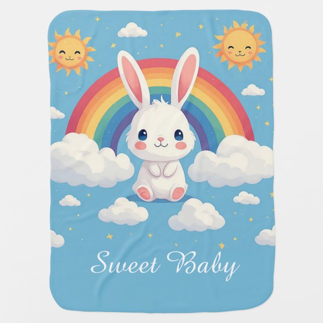 Cute Bunny Floating on Clouds Under a Rainbow Baby Blanket (Front)