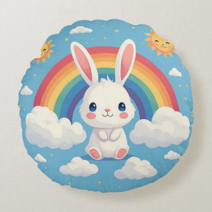 Cute Bunny Floating on Clouds Under a Rainbow Round Pillow