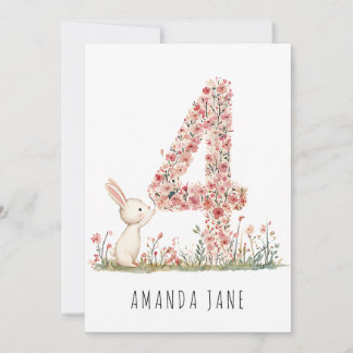 Cute Bunny Floral 4th Birthday Invitation