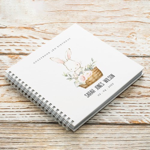 Cute Bunny Floral Basket Kids Birthday Guestbook Notebook