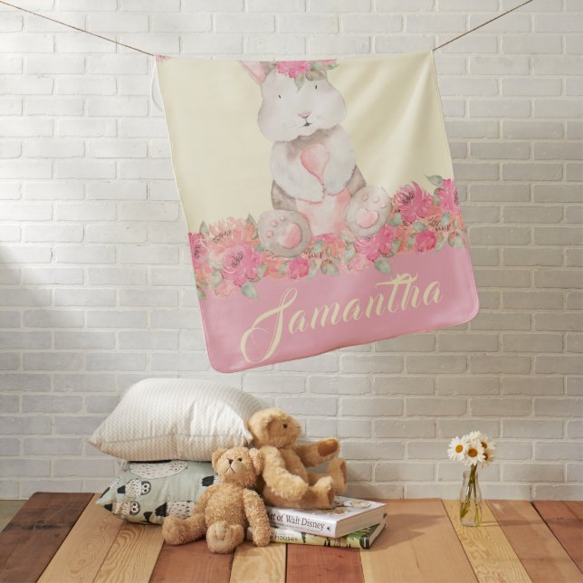 Cute Bunny Floral Boho Pink Personalized Baby Blanket (In Situ)