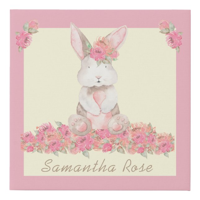 Cute Bunny Floral Boho Pink Personalized  Faux Canvas Print (Front)
