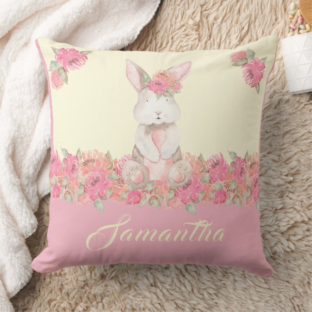 Cute Bunny Floral Boho Pink Personalized Throw Pillow (Blanket)