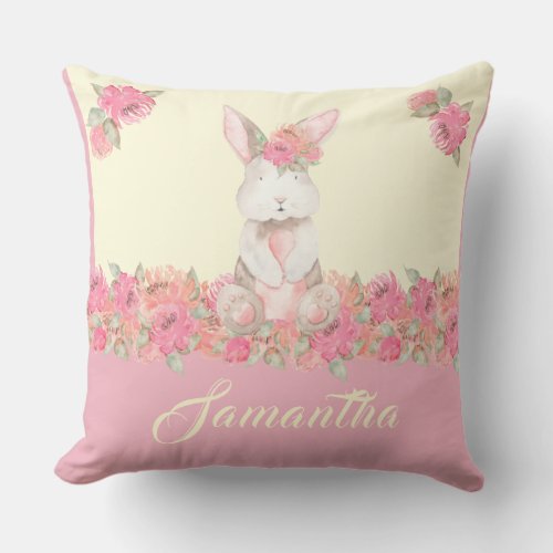 Cute Bunny Floral Boho Pink Personalized Throw Pillow