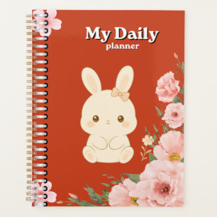 Cute Bunny Floral Daily Planner Pink Watercolor