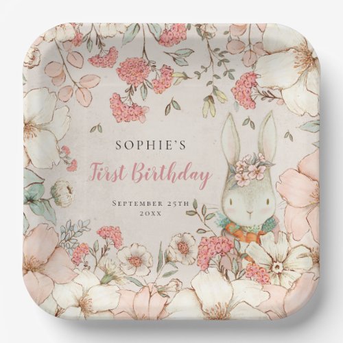 Cute Bunny Floral First Birthday Party Paper Plates