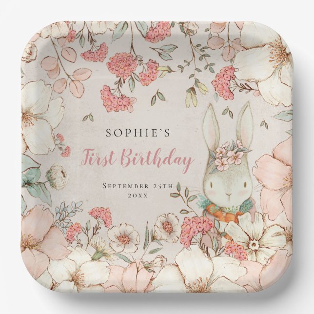 Cute Bunny Floral First Birthday Party Paper Plates (Front)
