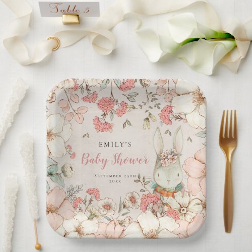 Cute Bunny Floral Foliage Baby Shower Paper Plates