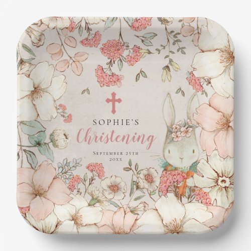 Cute Bunny Floral Foliage Girl Christening Paper Plates