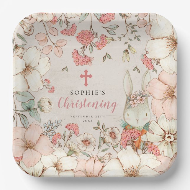 Cute Bunny Floral Foliage Girl Christening Paper Plates (Front)