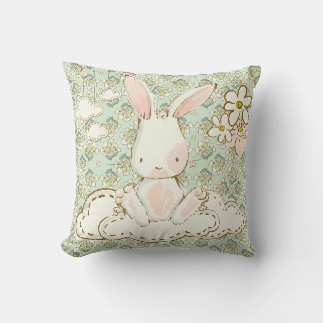 Cute Bunny Floral Green Boy Girl Sweet Nursery Throw Pillow (Front)
