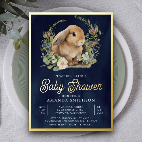 Cute Bunny Floral Navy Blue Baby Shower Gold Foil Invitation