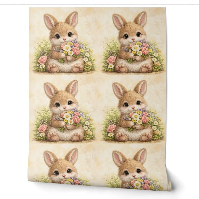 Cute Bunny Floral Pattern Wallpaper (Unrolling)