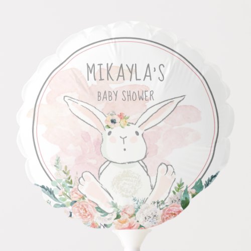 Cute Bunny Floral Pink Gray Baby Shower Balloon