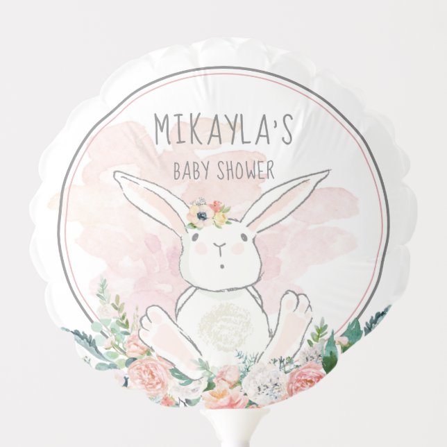 Cute Bunny Floral Pink Gray Baby Shower Balloon (Front)