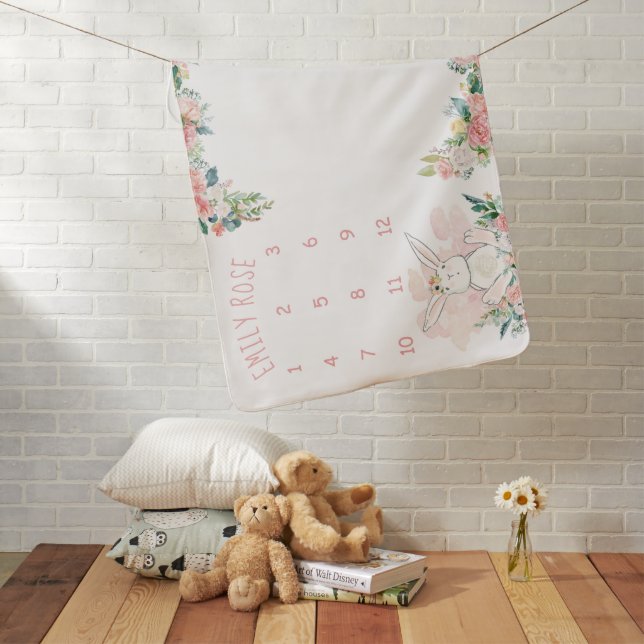 Cute Bunny Floral Pink Rose Baby Milestone Name Blanket (In Situ)