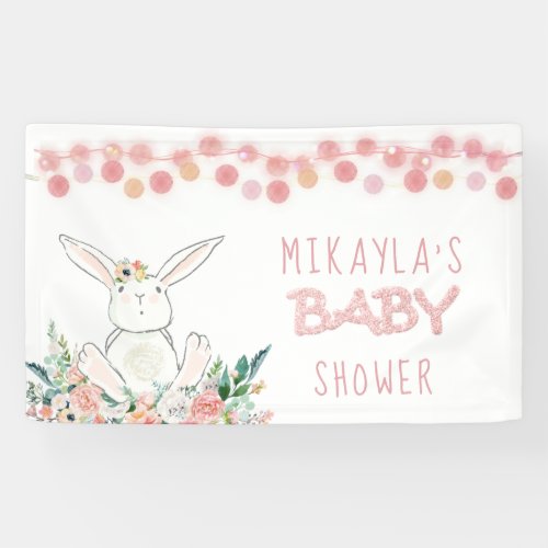 Cute Bunny Floral Rose Gold Glitter Baby Shower Banner