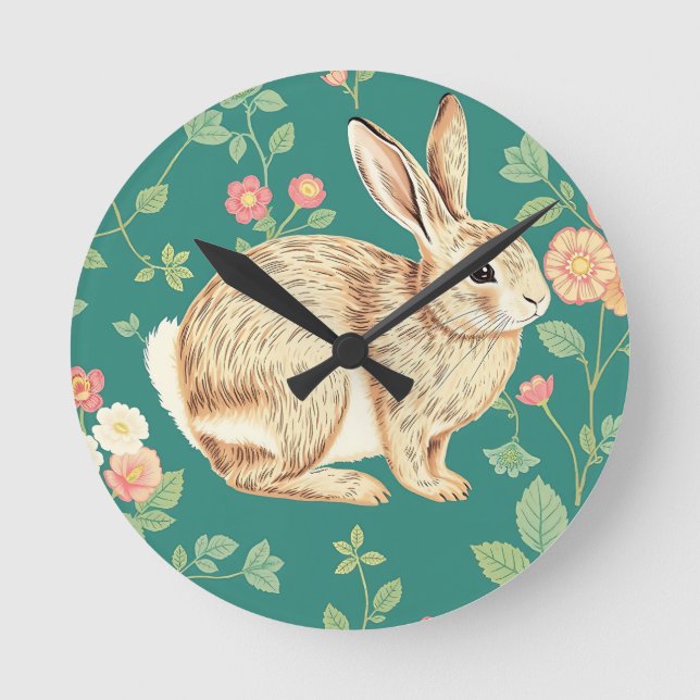 Cute Bunny Floral Teal Pattern Round Clock (Front)