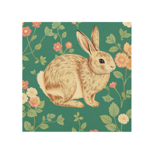 Cute Bunny Floral Teal Pattern Wood Wall Art