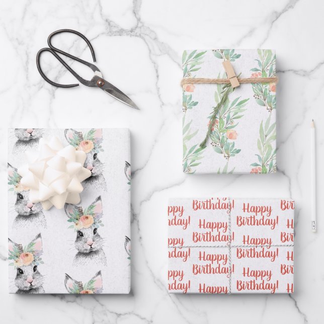 Cute Bunny Floral Wrapping Paper Sheets (Front)