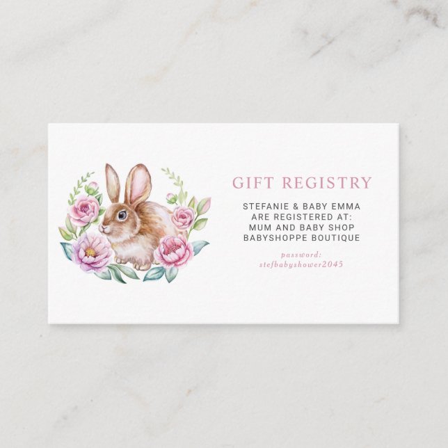 Cute Bunny Floral Wreath Baby Shower Registry Enclosure Card (Front)
