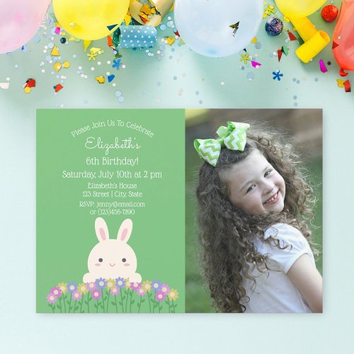 Cute Bunny  Flower Sage Green Kids Birthday Photo Invitation