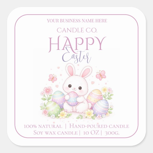 Cute Bunny, Flowers & Butterflies - Happy Easter  Square Sticker (Front)