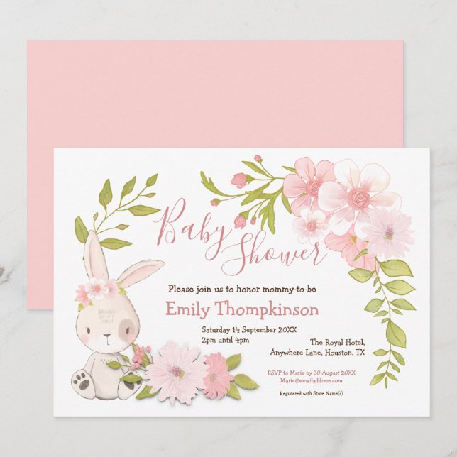 Cute Bunny Flowers Leaf Frame Girl Baby Shower Invitation (Front/Back)