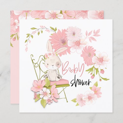 Cute Bunny Flowers White Pink Girl Baby Shower Invitation