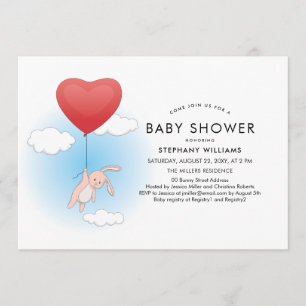 Cute Bunny Flying Heart Balloon Baby Shower Invite