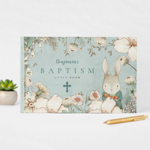 Cute Bunny Foliage Powder Blue Baptism Guest Book