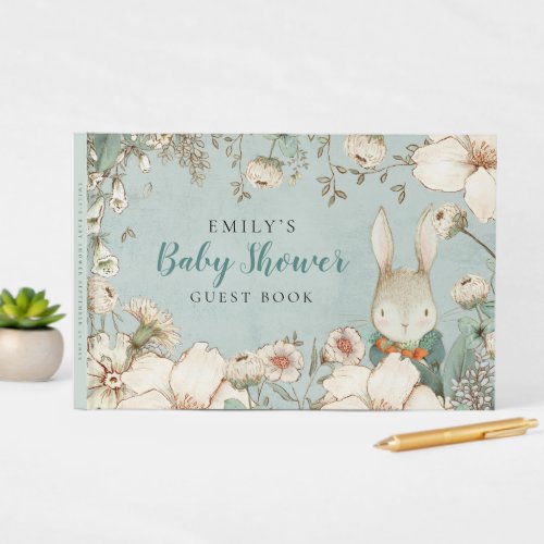 Cute Bunny Foliage Power Blue Baby Shower Guest Book