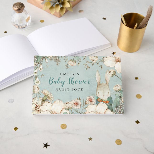 Cute Bunny Foliage Power Blue Baby Shower Guest Book (Front Open)