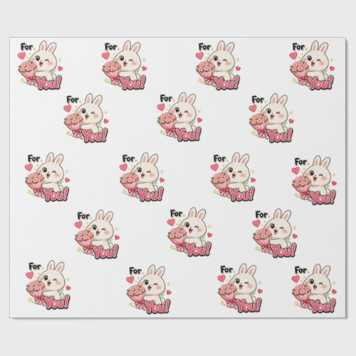 Cute Bunny For You Pink Flowers Hearts Gift Wrapp Wrapping Paper
