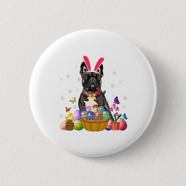 Cute Bunny French Bulldog Easter Day Eggs Basket Button (Front)