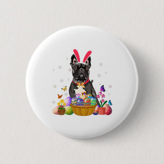 Cute Bunny French Bulldog Easter Day Eggs Basket Button