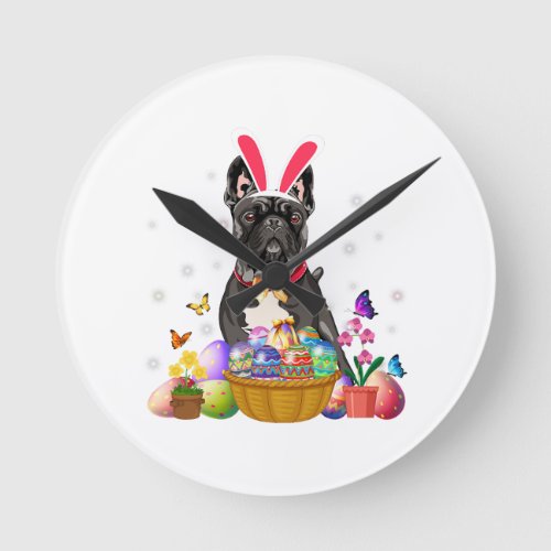 Cute Bunny French Bulldog Easter Day Eggs Basket Round Clock