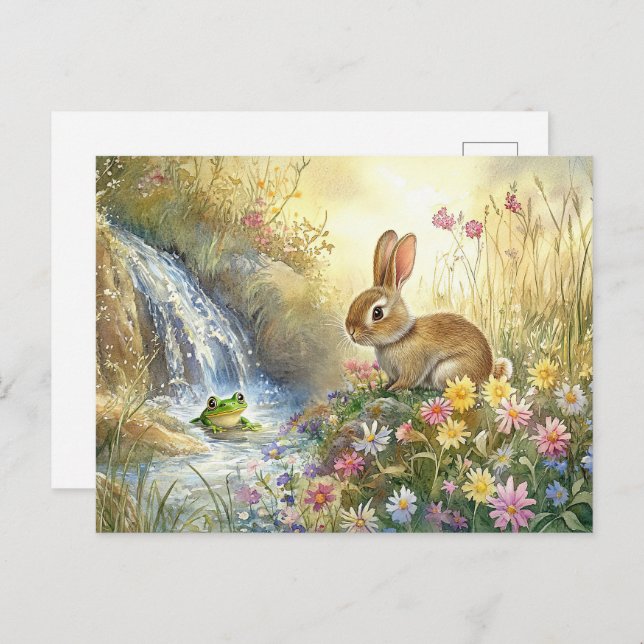 Cute Bunny Frog Waterfall Postcard Spring Woodland (Front/Back)