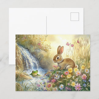 Cute Bunny Frog Waterfall Postcard Spring Woodland