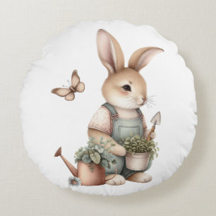 Cute Bunny Gardener Nursery Art Round Pillow