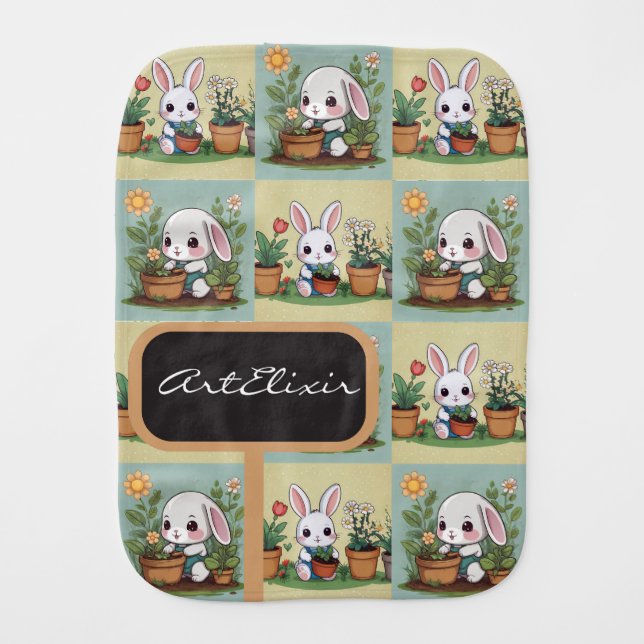 Cute Bunny Gardening Print Baby Burp Cloth (Front)