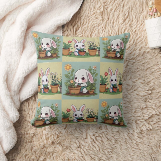 Cute Bunny Gardening Print Throw Pillow (Blanket)