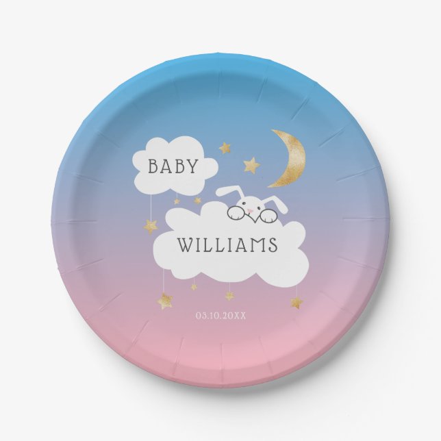 Cute Bunny Gender Reveal Party Pink Blue Gold Paper Plates (Front)