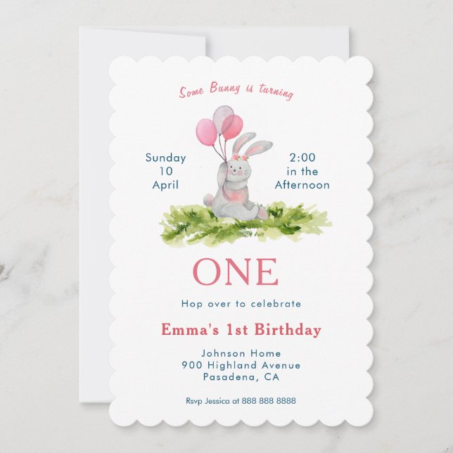 Cute Bunny Girl 1st  birthday card (Front)