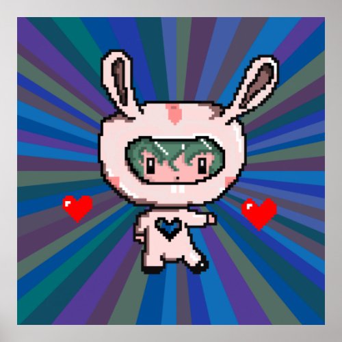 Cute Bunny girl 8 bit pixel art blue psychedelic Poster