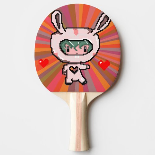 Cute Bunny girl 8 bit pixel art orange psychedelic Ping Pong Paddle