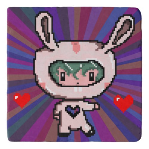 Cute Bunny girl 8 bit pixel art purple psychedelic Trivet